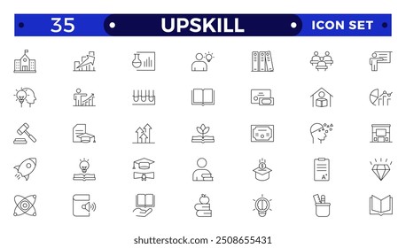 Set of Outline icons related to upskill, upskilling, personal growth, development, education, career. Outline icon collection.
