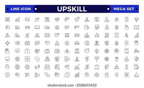 Conjunto de iconos de esquema relacionados con la mejora de las habilidades, la mejora de las habilidades, el crecimiento personal, el desarrollo, la educación, la carrera. Colección de icono de esquema.
