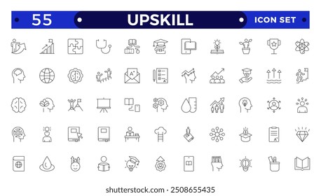 Set of Outline icons related to upskill, upskilling, personal growth, development, education, career. Outline icon collection.
