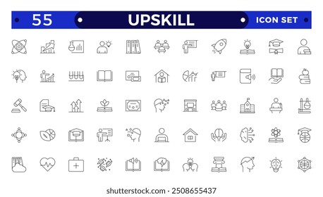 Set of Outline icons related to upskill, upskilling, personal growth, development, education, career. Outline icon collection.
