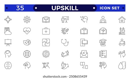 Set of Outline icons related to upskill, upskilling, personal growth, development, education, career. Outline icon collection.
