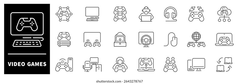Conjunto de ícones de tópicos relacionados a jogos de vídeo e jogos. Reproduzindo vídeo games lineares ícones vetoriais. Console de jogos, player, multiplayer, cassino, ícones de vetor de videogames