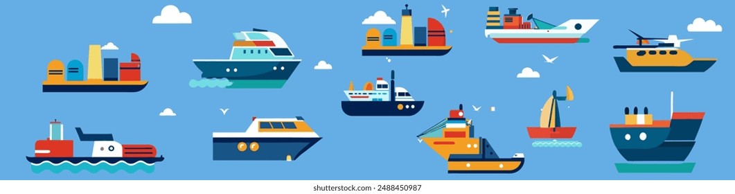 Set of  outline icons related to water transport. Linear icon collection. Editable stroke. Vector illustration