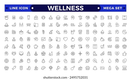 Set of outline icons related to wellness, wellbeing, mental health, healthcare, cosmetics, spa, medical, massage, yoga, spa, relaxation,  exercise, diet, Outline icon collection. Wellness icon set. 
