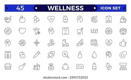 Set of outline icons related to wellness, wellbeing, mental health, healthcare, cosmetics, spa, medical, massage, yoga, spa, relaxation,  exercise, diet, Outline icon collection. Wellness icon set. 
