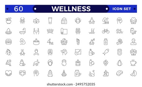 Set of outline icons related to wellness, wellbeing, mental health, healthcare, cosmetics, spa, medical, massage, yoga, spa, relaxation,  exercise, diet, Outline icon collection. Wellness icon set. 
