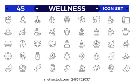 Conjunto de iconos relacionados con bienestar, salud mental, salud, salud, cosméticos, spa, medicina, masaje, yoga, spa, relajación, ejercicio, dieta, colección de iconos de esquema. Conjunto de iconos de bienestar. 
