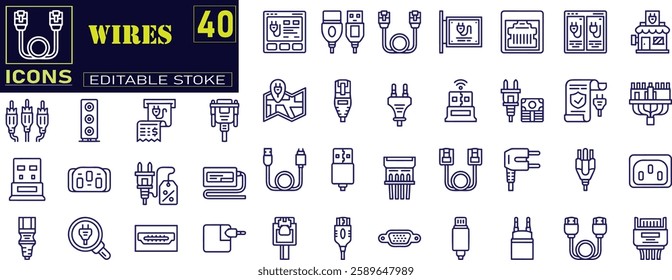 Set of outline icons related to wires, cables. Linear icon collection.