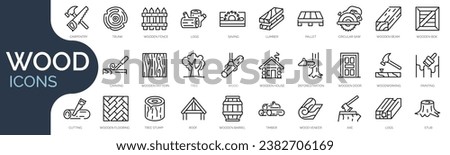 Set of outline icons related to wood. Linear icon collection. Editable stroke. Vector illustration