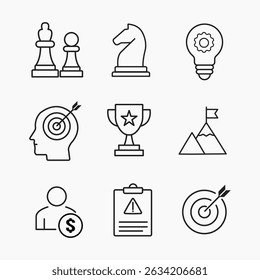 A set of outline icons set representing business strategy, planning, goals, innovation and success, Ideal for corporate and marketing design, vector illustration