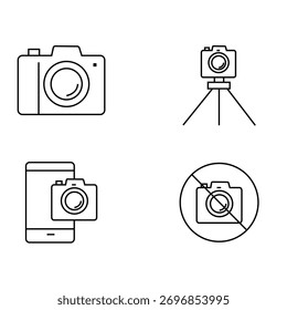 Conjunto de iconos de contorno que representan diferentes conceptos de cámara, incluida la cámara digital, la cámara en el trípode, el teléfono inteligente con cámara y ningún símbolo de foto.