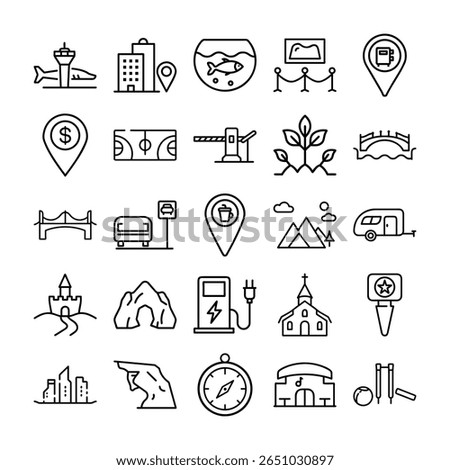 A set of outline icons representing different travel destinations and leisure activities.
