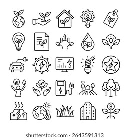 A set of outline icons representing environmental awareness, sustainable energy, and eco-friendly practices are displayed in a grid format.