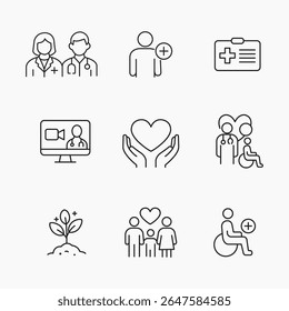 Um conjunto de ícones de esboço representando conceitos inclusivos de saúde, acessibilidade e equidade, Ideal para design médico, social ou de bem-estar, ilustração vetorial