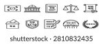 Set of outline icons representing South Korean law, government, and democratic system. Vector bundle featuring the South Korean flag , National Assembly building, constitution book, scales of justice, historical decree scroll, ballot box for voting, national law enforcement shield, signing official document, citizens