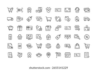 A set of outline icons representing various aspects of online shopping and e-commerce.