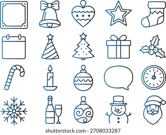 Conjunto de iconos de contorno que representan varios símbolos de vacaciones de Navidad y año nuevo como campana, estrella, árbol, regalo, santa y copo de nieve, aislados sobre fondo blanco