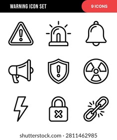 A set of outline icons representing various warnings, alerts, and security concepts, including a triangle with an exclamation mark, a siren light, a bell, a megaphone, a shield with an exclamation mark, a radiation symbol, a lightning bolt, a locked padlock with a cross, and a broken chain link.