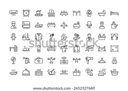 A set of outline icons representing various hotel facilities and services.