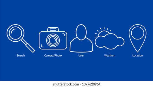 Set of outline icons: search, camera/photo, user, weather, location on blue background. Vector illustration, EPS10.