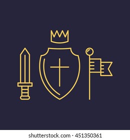 Set of outline icons: sword, shield, crown, flag, cross. Vector flat design on dark background. For theme about middle ages.