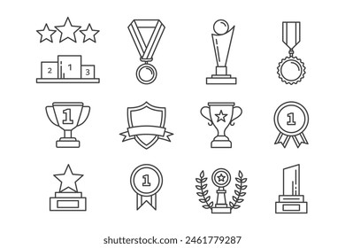 Set of outline icons of trophy, medal and champion award with ribbon