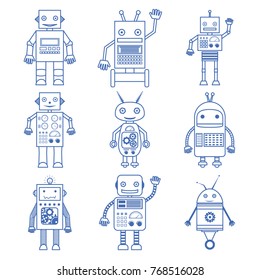 Set of outline icons of various robots in flat style. Vector illustration.