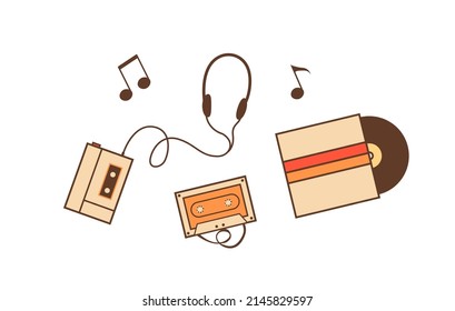 Set of outline icons with vintage records, musical devices and equipments for playing music from cassettes and vinyl plates. Retro cassette player with earphones. Vector illustration isolated on white