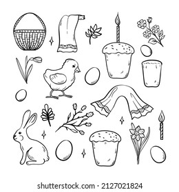 Set of outline illustration for Easter, eggs, basket, cake, pussy-willow, towel, rabbit, сhick, candle, plants, flowers, vector image, eps10