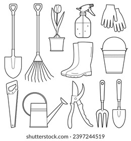 Set of outline illustration for the garden. Watering can, boots, shovel, flower,  bucket. Design elements or page of children's coloring book.	