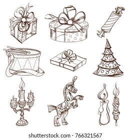 A set of outline illustrations with the attributes of the New Year. Gifts, sweets, vintage toys, candles, Christmas tree.