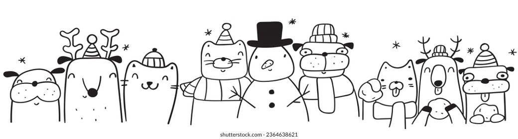 Set of outline illustrations. Cat, dog, reindeer, snowman. Friendship. Christmas concept. Vector outline illustration on white background. 