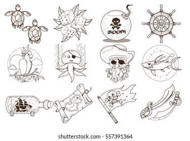 Set outline illustrations for coloring on the theme of pirates and marine inhabitants. Cartoon cute animals and objects. Gambling attributes.
