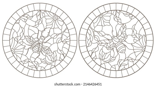 Set of outline illustrations with insects and flowers, Rhino beetle and bee, dark outlines on white background