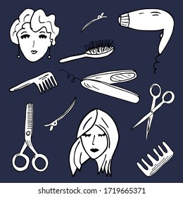 Set of outline illustrations on the hairdressing theme, hand-drawn in doodle style. Hairdressing tools: hair dryer, tongs, combs, brush, hair clips. Female heads.