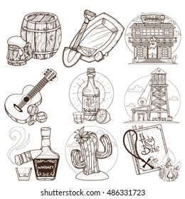 Set of outline illustrations on the theme of the Wild West.