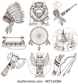 Set of outline illustrations on the theme of the North American Indians.