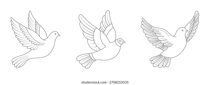 Set of outline illustrations of peace doves.