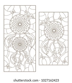 Set of outline illustrations of stained glass Windows with dream catchers and butterflies, dark outline on white background