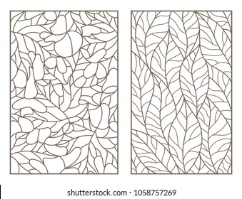 Set of outline illustrations of stained glass Windows with leaves of different trees, dark outlines on light background