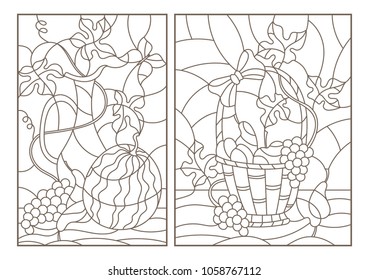 Set of outline illustrations in stained glass style with still lifes, fruits, berries and crockery, dark outlines on white background