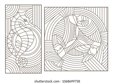 Set of outline illustrations of stained glass Windows with fishes and seahorse, dark outlines on white background