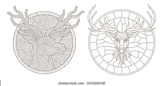 Set of outline illustrations of stained glass Windows with deer heads in round frame, dark outlines on white background