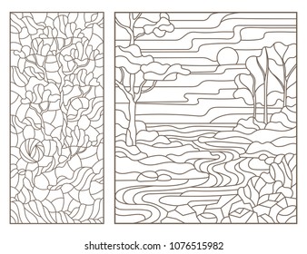 Set of outline illustrations of stained glass Windows with scenery, river and lonely tree, dark outlines on white background