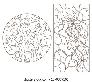 Set of outline illustrations of stained glass Windows with jellyfish and octopus, dark outlines on white background