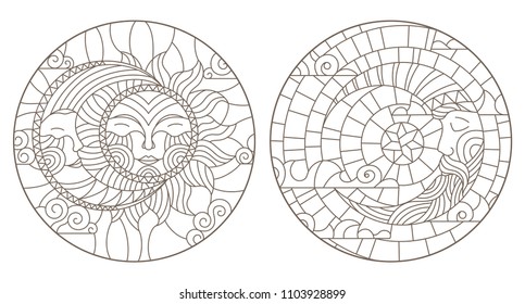 Set of outline illustrations of stained glass Windows with sun and moon on cloudy sky background, dark outlines on white background,round images