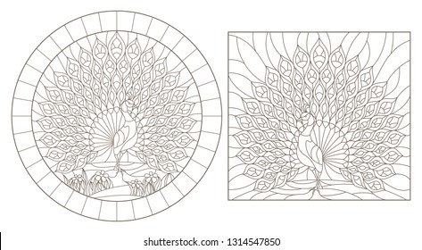 Set of outline illustrations stained glass Windows with peacocks, dark outlines on white background