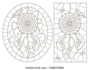 Set of outline illustrations of stained glass Windows with dream catchers, dark outline on white background