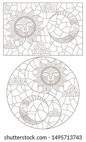 Set of outline illustrations of stained glass Windows with sun and moon on cloudy sky background, dark outlines on white background