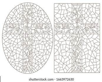 Set of outline illustrations of stained glass Windows with Christian crosses decorated with roses, dark outlines on white background